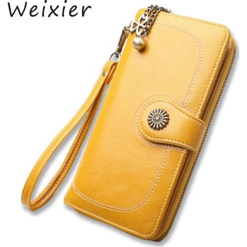 Fashion Women Yellow Clutch 2019 Leather Wallet Vintage Flower Long Wallets Designer Female Purse Wristlet Money Bag V4-54