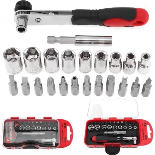 Portable Ratchet Socket Wrench Set 23pcs/38pcs Torque Wrench 1/4 " Tools Kit with Plastic Box for Motorcycle/Car Repair
