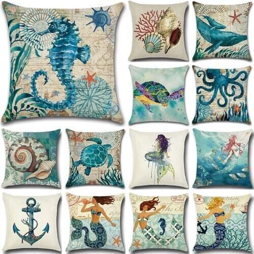 Sea Turtle Mermaid Pattern Cotton Linen Throw Pillow Cushion Cover Car Home Bed Decoration Sofa Bed Decorative Pillowcase
