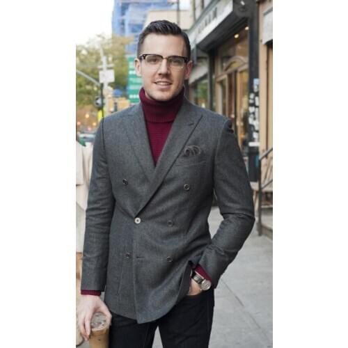 2017 Latest Coat Pant Designs Smoking Grey Tweed Double Breasted Men Jacket Slim Fit Skinny Tuxedo Suits Custom Blazer Vestidos