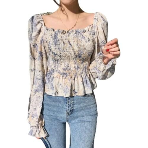 2021 Brand New Long Sleeve Chiffon Blouse Tie-dyed Floral Peplum Shirt Ruffled Crop Top Summer Blouse Chemise Blusa Mujer