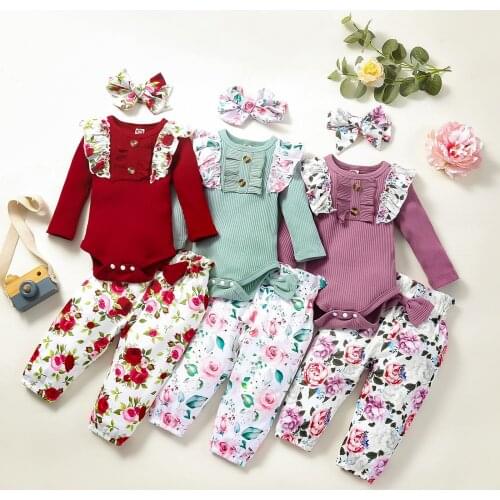 Newborn Baby Girl Clothes Toddler Girl Outfit New Born Rufflw Button Romper + Big Bow Floral Print Pants Drop Shipping Wholesale