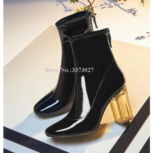 Patent Leather Chunky Heel Ankle Boots Lady Fashion Transparent Heel Short Boots New Arrival Large Size Motorcycle Boots