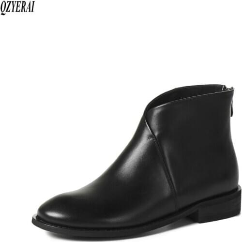 QZYERAI New style Genuine leather Ankle boots Female boots Womens boots With low black cowhide Womens shoes