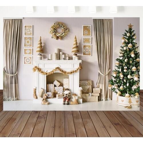 Christmas Theme Backdrop Decorative Tree Fireplace Sock Garland Gift White Curtains Photography Background For Photo Studio