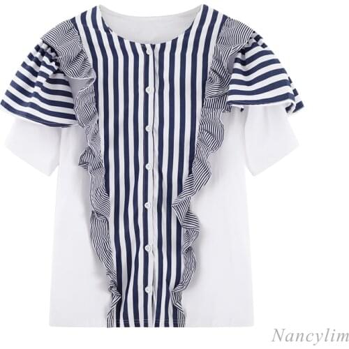 Ruffled Vertical Stripes Short Sleeve Shirt for Women 2021 Spring and Summer New Loose Korean Style Blouse Tops Nancylim