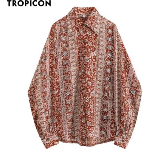 TROPICON Vintage Floral Shirts Women 2020 Red Long Sleeve Button Up Shirt Ladies Top Lantern Sleeve Blouse Korean Clothes
