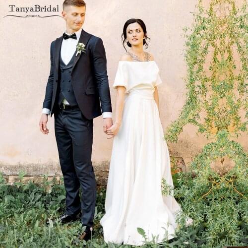 Boat Neck Modern Wedding Dresses A Line Floor length Stunning Satin Bridal Gowns Boho Robe de Soriee DW477