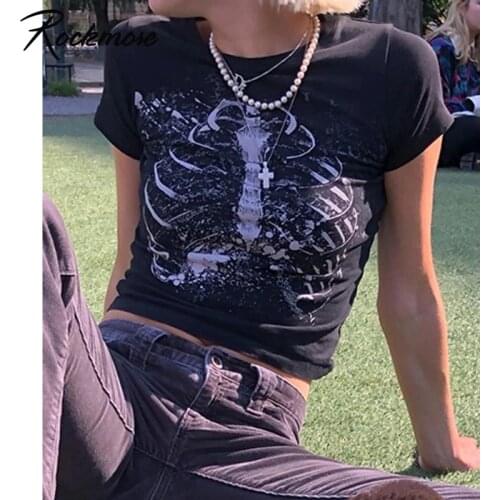 Rockmore Gothic Graphic Print Short Sleeve T-Shirt Summer Women Crop Top Y2K Harajuku Punk Dark 90S Vintage Slim Tee Streetwear