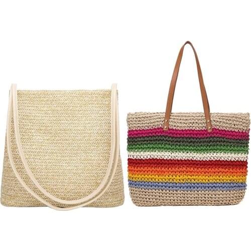Womens Handbag Fashion Beautiful Straw Shoulder Bag Beige With Fashion Lady Handbag Beach Rainbow Color Lady Handbag