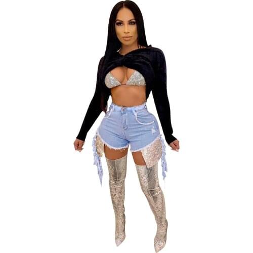 New Hot Drill Sequin Wash Hole High Waist Short Feminino Biker Shorts With Pocket