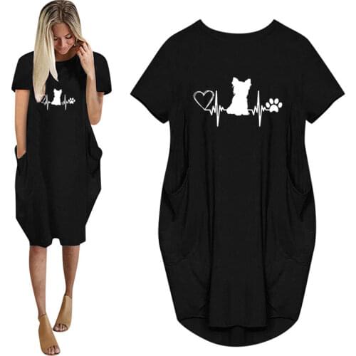 Yorkshire Terrier Yorkie Dog Mom Funny printed Women Summer Casual Loose Dress With Pocket Ladies Long Tops Female T Shirt Dress