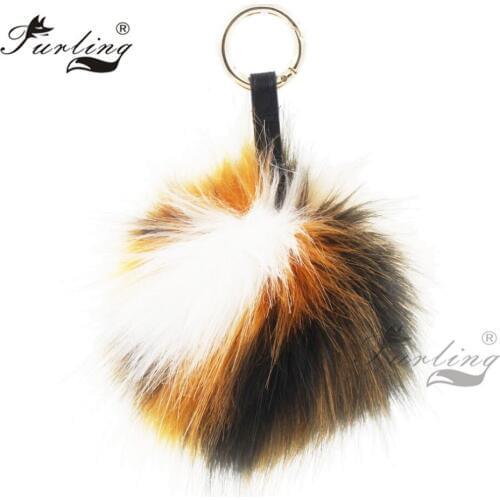 Furling 1PC Multicolor Faux Fox Fur 13cm Fluffy Pom poms Ball Keychain Leather Ring Women Hand Bag Charm