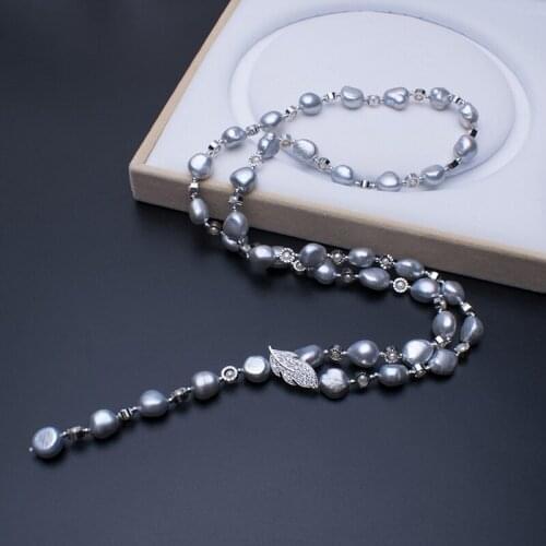 10-12mm Baroque Grey Pearl Necklace With Leaf Pendant Clasp Elegant&Fashion Keshi Pearl Necklace Pearl Necklace