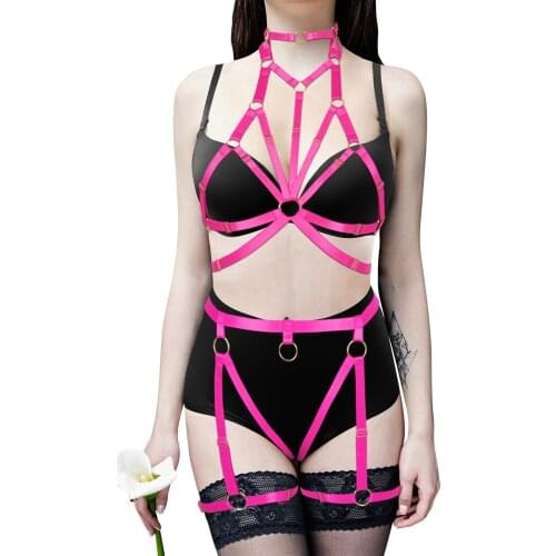 Goth 2 Pcs Set High Neck Harness Bra Bdsm Hollow Out Harness Underwear Garter Belt Sexy Women Leg Body Bondage Cage Belts Fetish