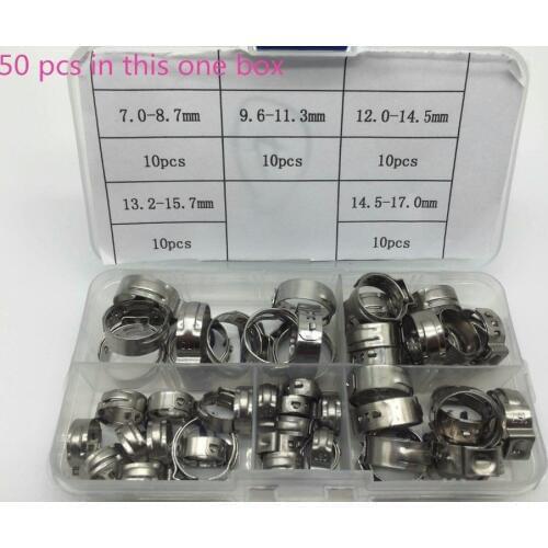 Free shipping Pipe Clamp High Quality 50 PCS Stainless Steel 304 Single Ear Hose Clamps Assortment Kit Single with box