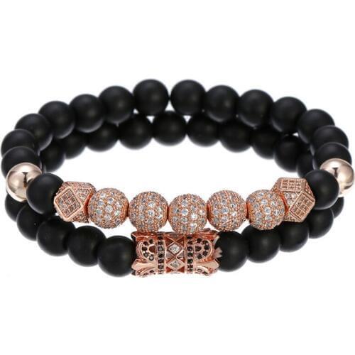 2pcs/set Natural Stone Matte Copper Crown Zircon Bracelet Men Fashion Couple Stone Bead Bracelet For Men Jewelry