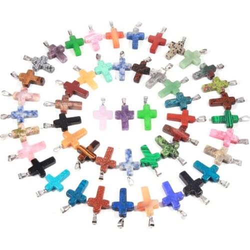 Rope Chain Cross Shape Stone Healing Pink Blue White Green Crystal Quartz Pendant Necklace Wholesale Charms Jewelry