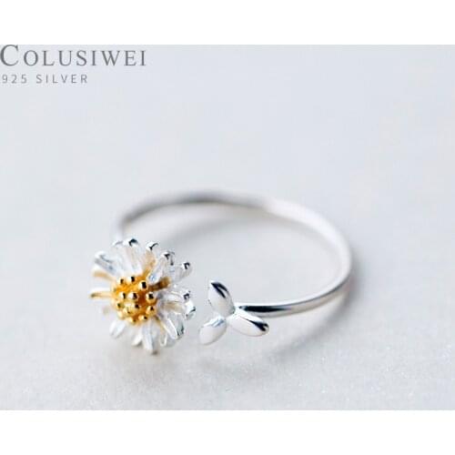 COLUSIWEI Real 925 Sterling Silver Small Daisy and Leaves Ring for Women Open Adjustable Finger Rings Fashion Jewelry Girl Gift