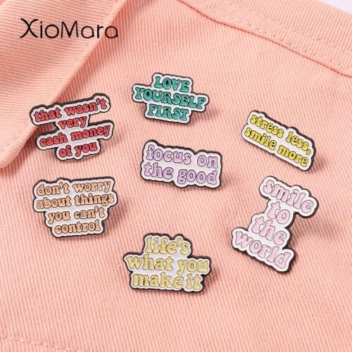 Love Yourself Enamel Pins Quotes and Saying Brooches Letter Banner Badges Collar Backpack Decoration Accessories Jewelry Gift