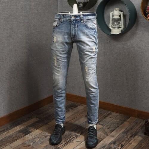 European American Street Fashion Men Jeans Retro Light Blue Slim Fit Ripped Jeans Men Embroidery Designer Vintage Denim Pants