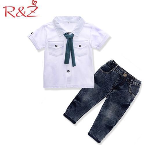 R&Z Baby Boys Clothes Set 2019 Summer Gentleman Lapel Buttons Leisure T-shirt + Casual Jeans INS Style Pocket Kids Clothing Suit