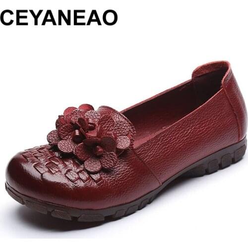 CEYANEAO Genuine Leather Women Moccasins 2020 Spring Soft Bottom Female Single Shoes High Quality Flats Mother Dancing Shoes