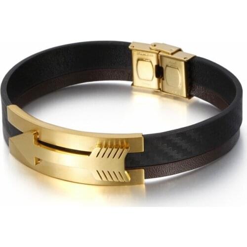 HAOLYNJOY 23cm Stainless Steel Gold Arrow Charm Bracelet Mens Rope Chain Leather Bracelet Homme Jewelry Accessories