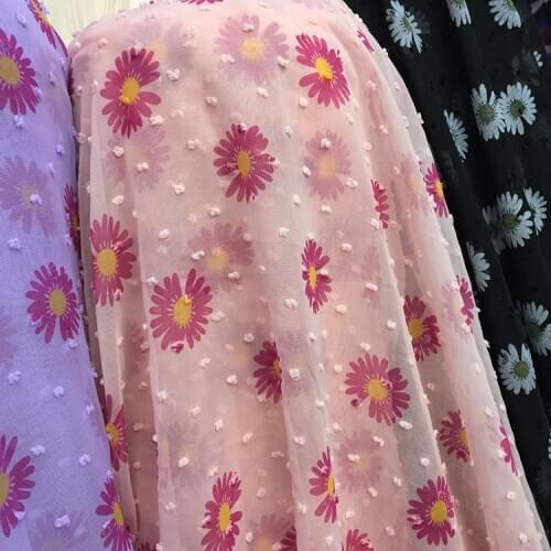 New swiss dot Chiffon printed fabric small daisies printed chiffon fabric soft breathable DIY dress blouse fabric