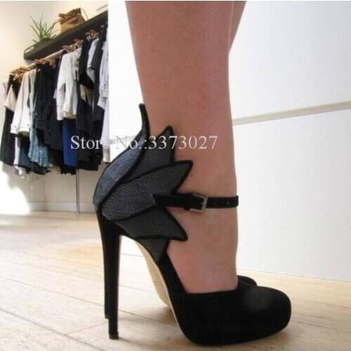 New Black Suede Ruffles Crystal Shoes Women Buckle Strap Rhinestone Stiletto Heel Pumps Single Shoes Lady Designer Banquet Shoes