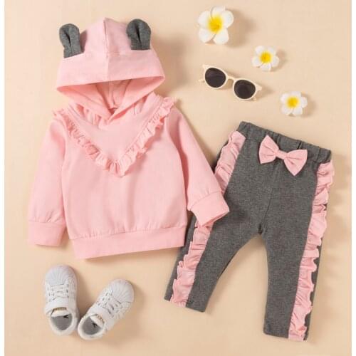 2Pcs Baby Girls Autumn Winter Clothes Outfits Casual Long Sleeve Ruffle Hoodie Tops and Bowknot Pants Set For 0-24 M