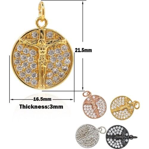 Round Jesus Cross Pendant CZ Cubic Zirconia Religious Jewelry DIY Bracelet Necklace Making Accessories 21.5x16.5x3MM