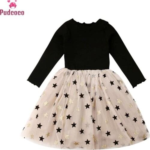 Pudcoco 2020 Spring Toddler Baby Girls Clothes Long Sleeve Princess Tulle Party Pageant Dresses Mesh Star Print Clothing Outfits