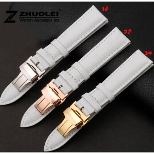 14mm 16mm 18mm 20mm 22mm Rose Gold Watch buckle Genuine Leather Watchband Wristwatches Strap Band White color for Women watches