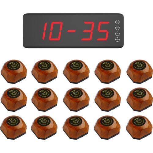 SINGCALL Wireless Waiter Paging System for Hospital,Welfare House, 15 Wooden Buttons APE560 and One Screen Display Receiver