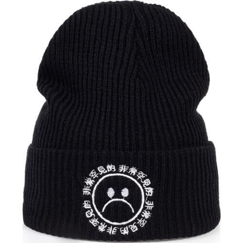 High quality Winter new boy warm hat fashion men and women hip hop hat crying face sad embroidered hat 100% cotton skullies hat