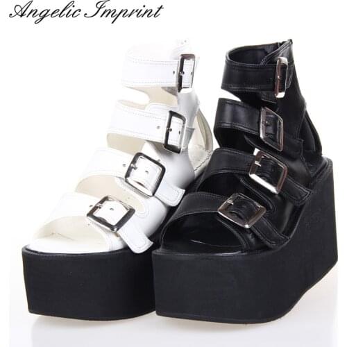 Women Punk Rock Thick Platform Sandals Wedge Shoes Lolita Open Toe Gladiator Sandals Boots BLACK/WHITE