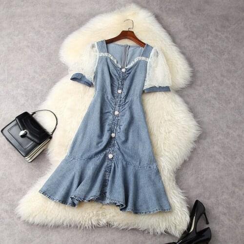 European and American womens wear for spring 2021 Embroidered short-sleeved stitched denim Fashionable fishtail dress