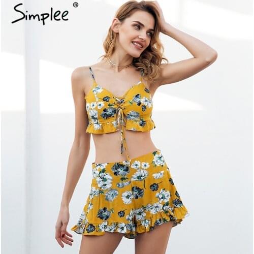 Simplee Floral print strap sexy two piece romper women Ruffle lace up smocking short playsuit 2018 Summer casual boho jumpsuit