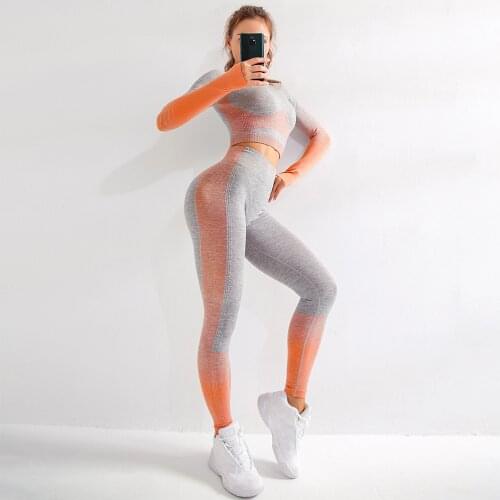 Seamless Yoga Set Workout Sportswear Women Fitness Crop Top High Waist Leggings Gym Clothing Long Sleeve Yoga Sports Suits