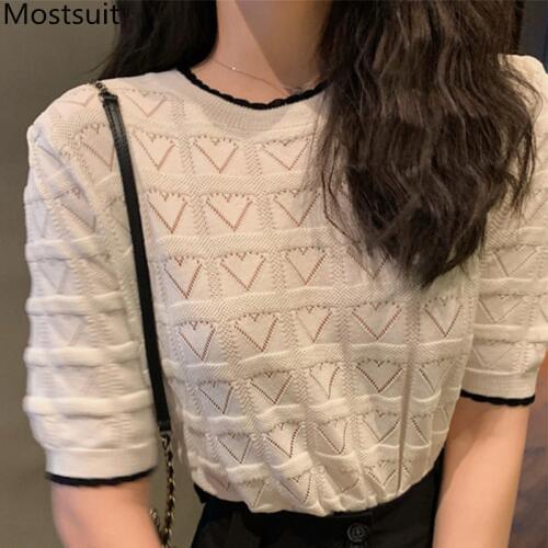 2020 Summer Heart Knitted Hollow Sweaters Tops Women Short Sleeve O-neck Casual Fashion Korean Elegant Ladies Pullovers Sweaters