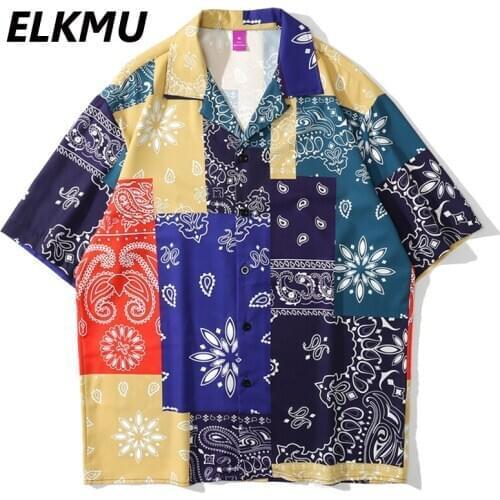ELKMU Bandana Paisley Pattern Color Block Hawaiian Shirts Beach Holiday Casual Short Sleeve Shirt Tops Harajuku Blouse HE927