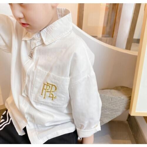 Childrens Clothing Spring New Baby Boys White Shirts 2021 Fashion Pocket Letter Embroidery Blouse for Boy Kids Long Sleeve Tops