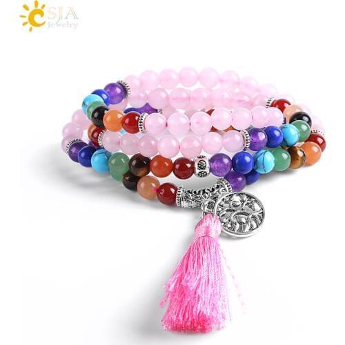 CSJA Friendship Strand Bracelets for Girls Reiki Healing 7 Chakra 108 Mala Yoga Beads Pink Quartz Stone Multilayer Bangle E659