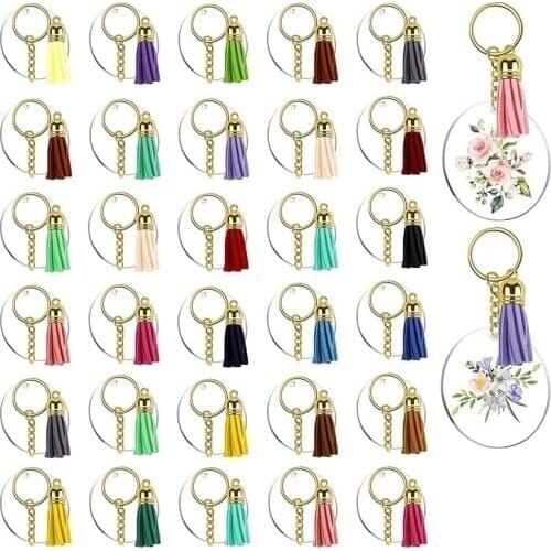 128Pcs Acrylic Keychain Blanks Clear Circle Discs Key Chain 2 Inch Tassel Pendant Keyring for DIY Projects and Crafts