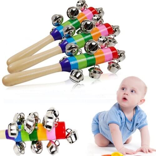Babys Bell Rattle Rainbow Shaker Stick Educational Toy Handle Wooden Activity Bell Ring Rainbow Musical Instrument