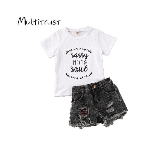 Multitrust New Summer Baby Girls Clothes Set Toddler Baby Girl Short Sleeve T-Shirts Top + Ripped Denim Jeans Suits Outfits