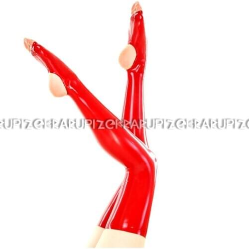 Red Sexy Long Latex Stockings With Open Heels And Toes Rubber Thigh High Stocking WZ-0051