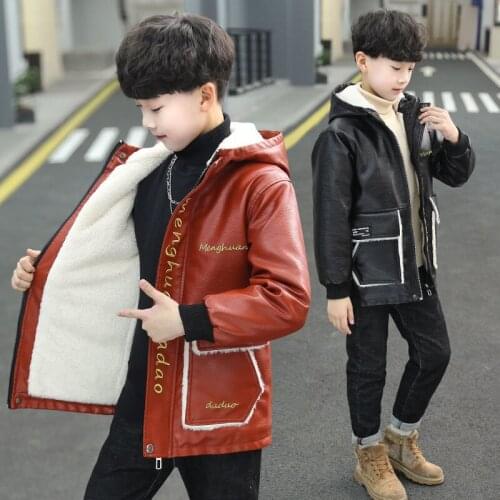 Faux Leather Jacket For 5-16T Boys 2021 New Fashion Plus Velvet Warm Hooded Childrens Outerwear Letters Patchwork Teenager Coat