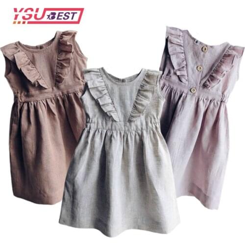 2021New Summer Toddler Princess Dress Kids Cotton Causal Dress Ruffles Pure Color Baby Girl Clothing Korean Japan Style Dress